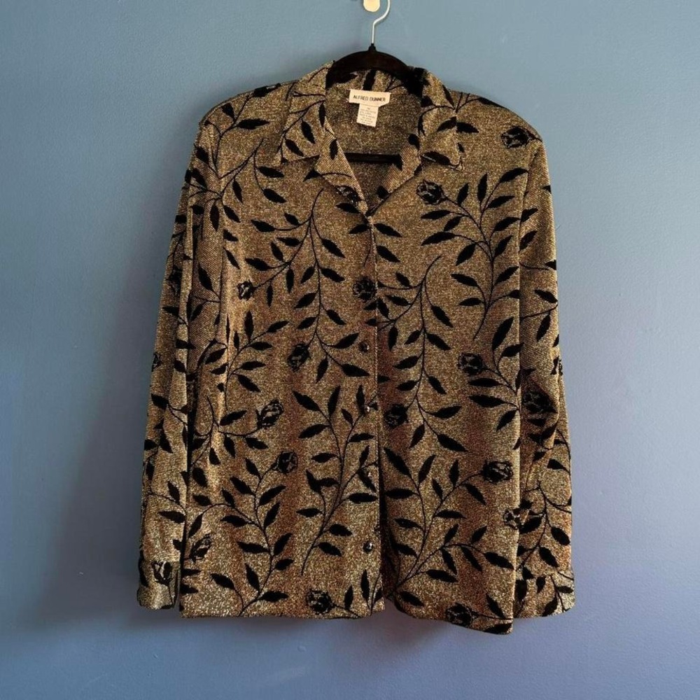 Vintage 90s Alfred‎ Dunner Metallic Blouse Women's Size 12 Floral Velvet Sparkle